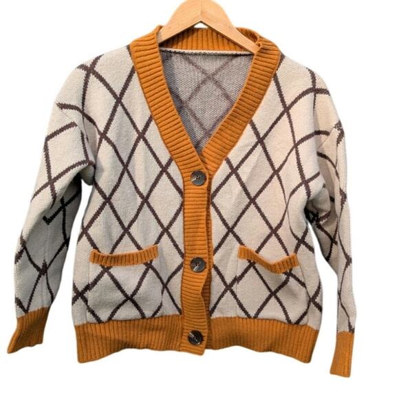 Preppy button front grandpa sweater cardigan window plaid fall professional M - Picture 1 of 5